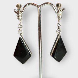 Vintage Sterling Silver, & Black Onyx Stone Screw Back Dangle Earrings, “CDC”